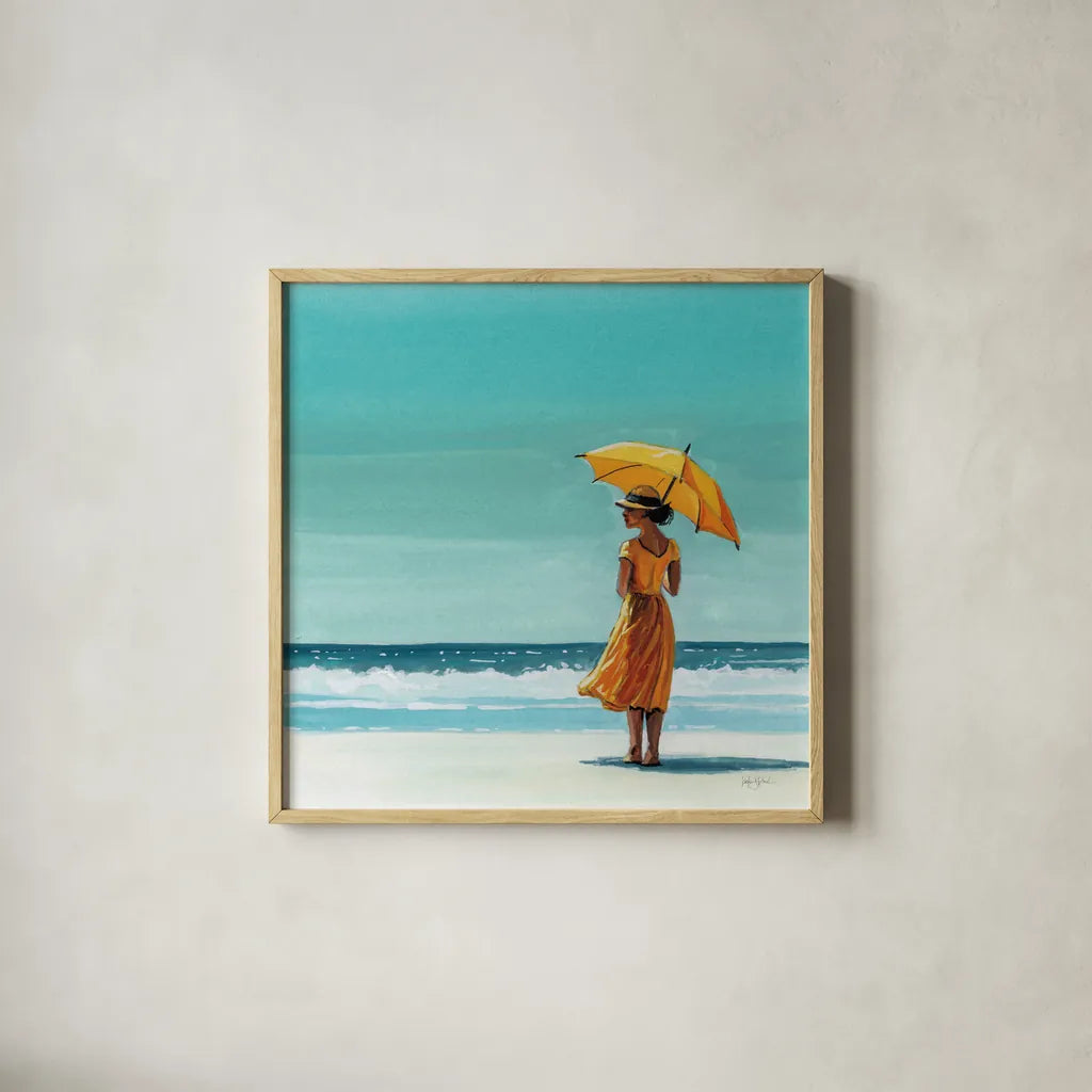Umbrella at the Beach by Kate Jarvik Birch. Shown in a natural wood glass frame for a timeless modern aesthetic. Available as an archival giclee rolled canvas, fine art paper, or poster print. SKU 100959a.