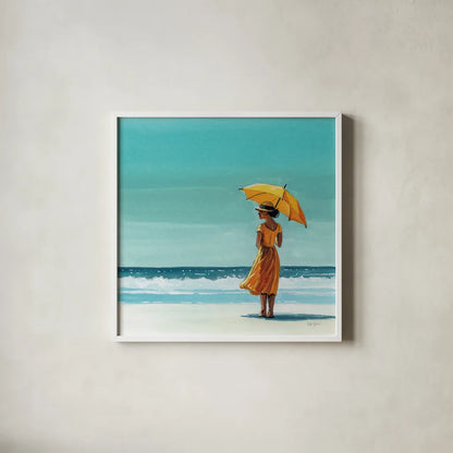 Umbrella at the Beach by Kate Jarvik Birch. Shown in a crisp white glass frame for a clean and minimalist style. Available as an archival giclee rolled canvas, fine art paper, or poster print. SKU 100959a.