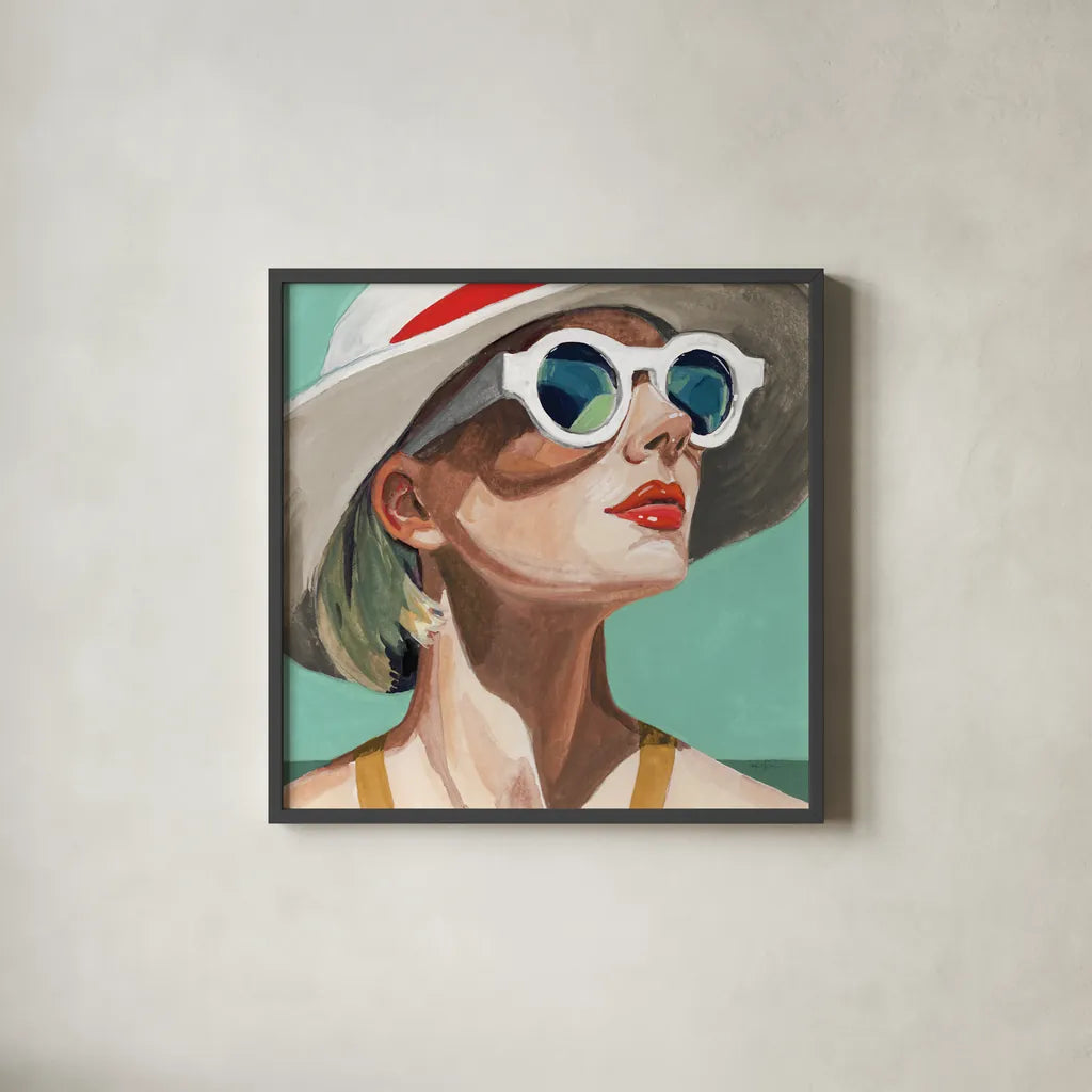 Vacation In Style Teal by Kate Jarvik Birch. Shown in a sleek black glass frame for a contemporary gallery look. Available as an archival giclee rolled canvas, fine art paper, or poster print. SKU 100022a.