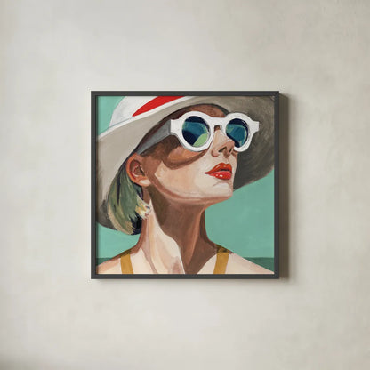 Vacation In Style Teal by Kate Jarvik Birch. Shown in a sleek black glass frame for a contemporary gallery look. Available as an archival giclee rolled canvas, fine art paper, or poster print. SKU 100022a.