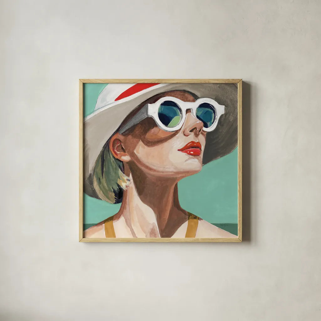 Vacation In Style Teal by Kate Jarvik Birch. Shown in a natural wood glass frame for a timeless modern aesthetic. Available as an archival giclee rolled canvas, fine art paper, or poster print. SKU 100022a.