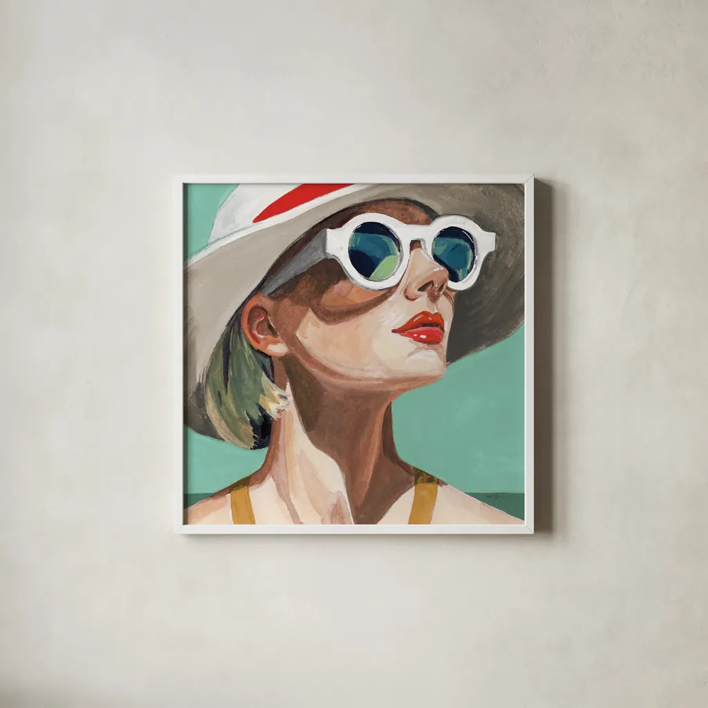 Vacation In Style Teal by Kate Jarvik Birch. Shown in a crisp white glass frame for a clean and minimalist style. Available as an archival giclee rolled canvas, fine art paper, or poster print. SKU 100022a.