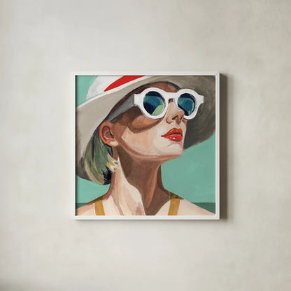 Vacation In Style Teal by Kate Jarvik Birch. Shown in a crisp white glass frame for a clean and minimalist style. Available as an archival giclee rolled canvas, fine art paper, or poster print. SKU 100022a.