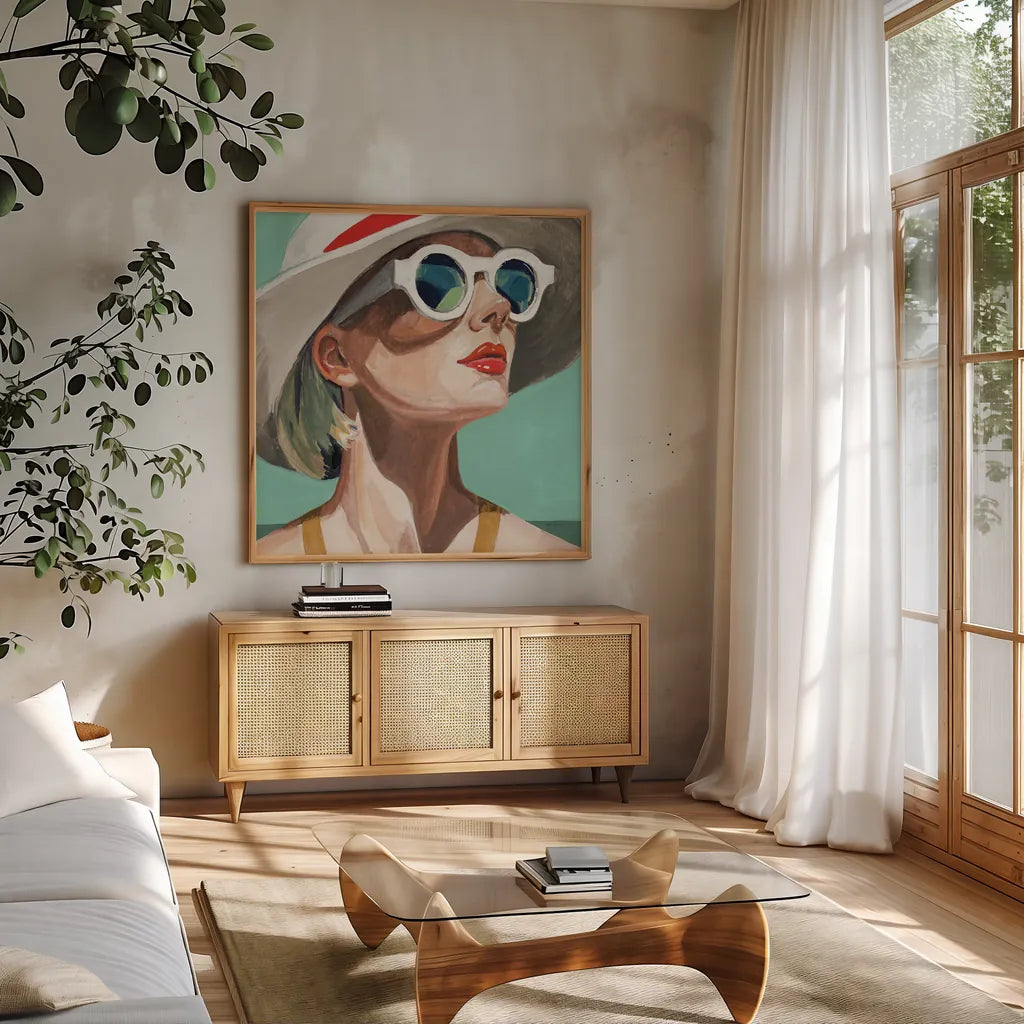 Vacation In Style Teal by Kate Jarvik Birch. Shown in a natural wood frame in a cozy modern living room. Available as an archival giclee rolled canvas, fine art paper, or poster print. SKU 100022a.