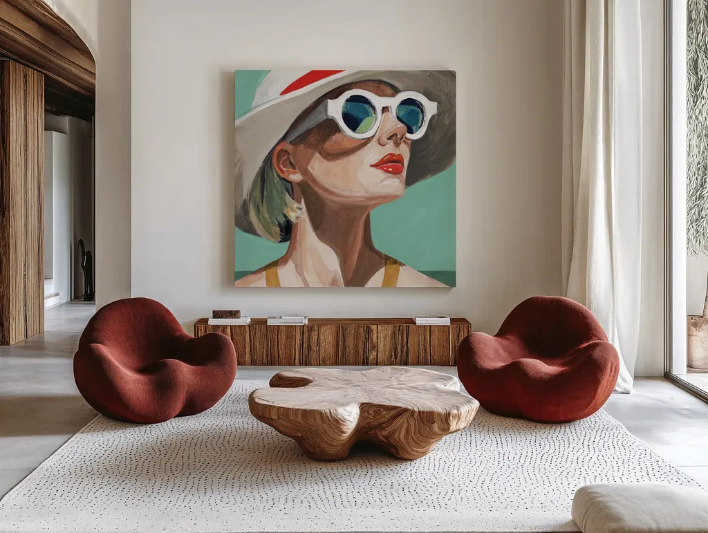 Vacation In Style Teal by Kate Jarvik Birch. Shown as extra-large giant wall art in a modern living room. Available as an archival giclee rolled canvas, fine art paper, or poster print. SKU 100022a.