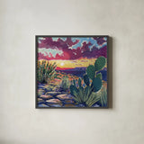 Warm Southwestern Sunset by Kate Jarvik Birch. Shown in a sleek black glass frame for a contemporary gallery look. Available as an archival giclee rolled canvas, fine art paper, or poster print. SKU 98541a.