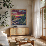 Warm Southwestern Sunset by Kate Jarvik Birch. Shown in a natural wood frame in a cozy modern living room. Available as an archival giclee rolled canvas, fine art paper, or poster print. SKU 98541a.