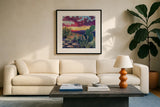 Warm Southwestern Sunset by Kate Jarvik Birch. Displayed in a glass frame with matte in a clean modern living room. Available as an archival giclee rolled canvas, fine art paper, or poster print. SKU 98541a.