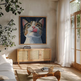 When The Treats Come Out by Kate Jarvik Birch. Shown in a natural wood frame in a cozy modern living room. Available as an archival giclee rolled canvas, fine art paper, or poster print. SKU 99689a.