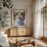 When The Treats Come Out Cream by Kate Jarvik Birch. Shown in a natural wood frame in a cozy modern living room. Available as an archival giclee rolled canvas, fine art paper, or poster print. SKU 100719a.