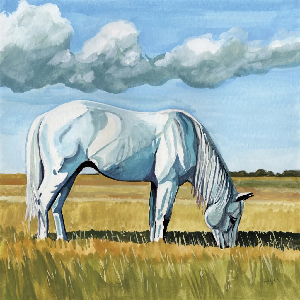 White Horse Grazing by Kate Jarvik Birch. SKU 100957a. Archival Giclee Fine art print for wall decor.
