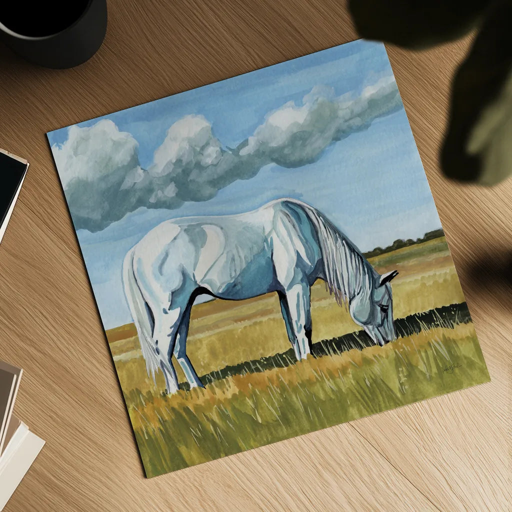 White Horse Grazing by Kate Jarvik Birch. Shown as a detailed flat fine art print, highlighting archival giclee quality. Available as an archival giclee rolled canvas, fine art paper, or poster print. SKU 100957a.