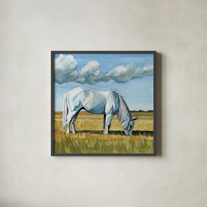 White Horse Grazing by Kate Jarvik Birch. Shown in a sleek black glass frame for a contemporary gallery look. Available as an archival giclee rolled canvas, fine art paper, or poster print. SKU 100957a.