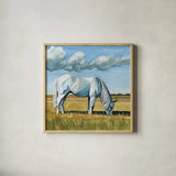 White Horse Grazing by Kate Jarvik Birch. Shown in a natural wood glass frame for a timeless modern aesthetic. Available as an archival giclee rolled canvas, fine art paper, or poster print. SKU 100957a.