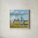 White Horse Grazing by Kate Jarvik Birch. Shown in a crisp white glass frame for a clean and minimalist style. Available as an archival giclee rolled canvas, fine art paper, or poster print. SKU 100957a.