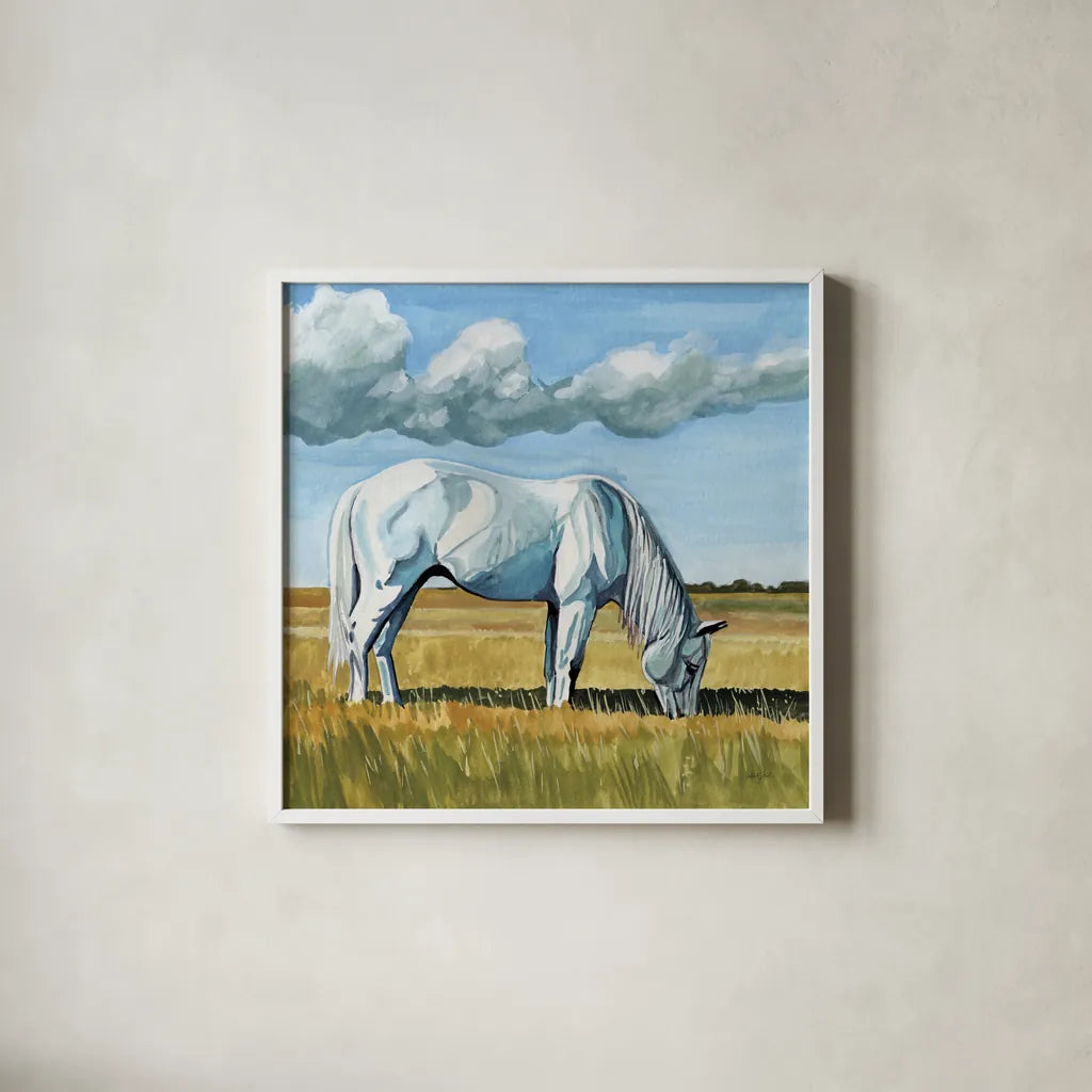 White Horse Grazing by Kate Jarvik Birch. Shown in a crisp white glass frame for a clean and minimalist style. Available as an archival giclee rolled canvas, fine art paper, or poster print. SKU 100957a.