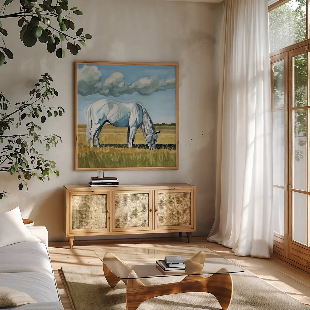 White Horse Grazing by Kate Jarvik Birch. Shown in a natural wood frame in a cozy modern living room. Available as an archival giclee rolled canvas, fine art paper, or poster print. SKU 100957a.