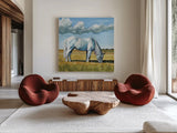 White Horse Grazing by Kate Jarvik Birch. Shown as extra-large giant wall art in a modern living room. Available as an archival giclee rolled canvas, fine art paper, or poster print. SKU 100957a.
