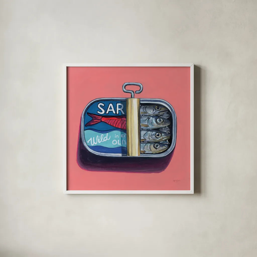 Wild Sardines by Kate Jarvik Birch. Shown in a crisp white glass frame for a clean and minimalist style. Available as an archival giclee rolled canvas, fine art paper, or poster print. SKU 98542a.