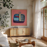 Wild Sardines by Kate Jarvik Birch. Shown in a natural wood frame in a cozy modern living room. Available as an archival giclee rolled canvas, fine art paper, or poster print. SKU 98542a.