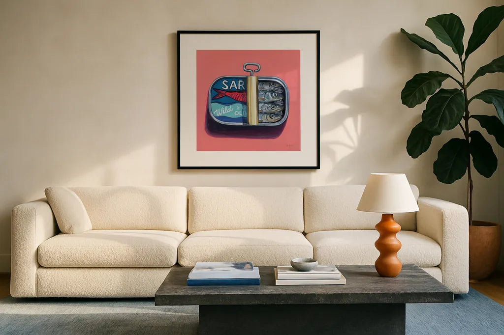 Wild Sardines by Kate Jarvik Birch. Displayed in a glass frame with matte in a clean modern living room. Available as an archival giclee rolled canvas, fine art paper, or poster print. SKU 98542a.