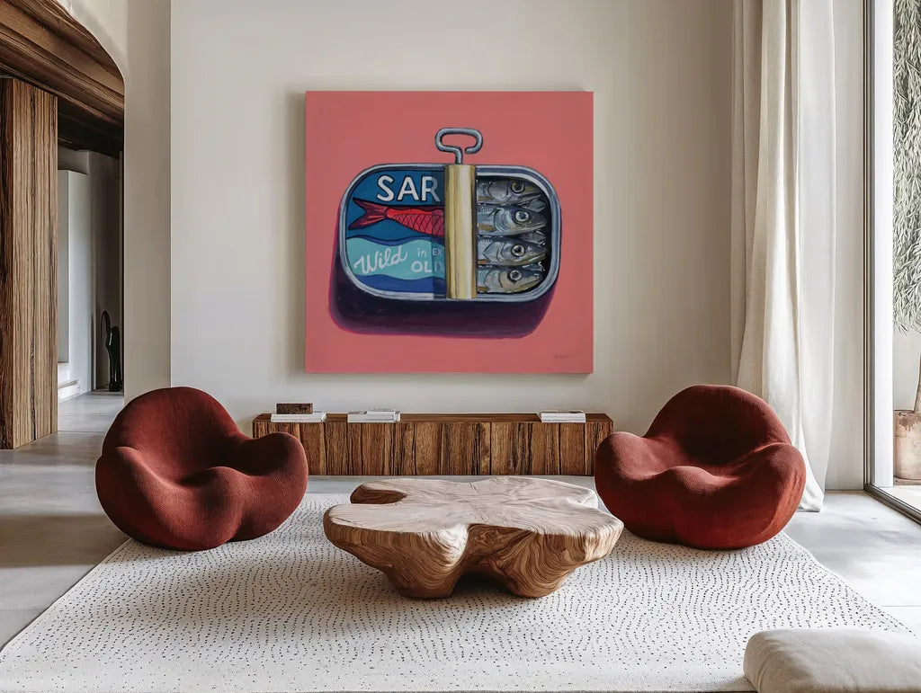 Wild Sardines by Kate Jarvik Birch. Shown as extra-large giant wall art in a modern living room. Available as an archival giclee rolled canvas, fine art paper, or poster print. SKU 98542a.