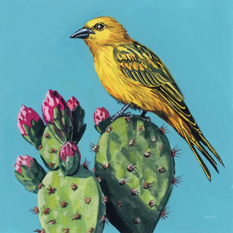 Yellow Bird on Cacti Bloom by Kate Jarvik Birch. SKU 98543a. Archival Giclee Fine art print for wall decor.
