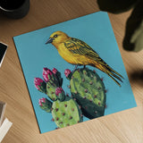 Yellow Bird on Cacti Bloom by Kate Jarvik Birch. Shown as a detailed flat fine art print, highlighting archival giclee quality. Available as an archival giclee rolled canvas, fine art paper, or poster print. SKU 98543a.