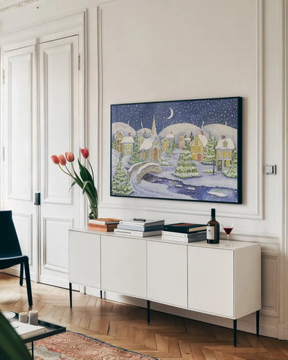 All is Calm All is Bright by Kathleen Parr McKenna. shown as a framed stretched canvas in a living room above a console. Available as a archival giclee rolled canvas, fine art paper, or poster print. SKU 70569i.