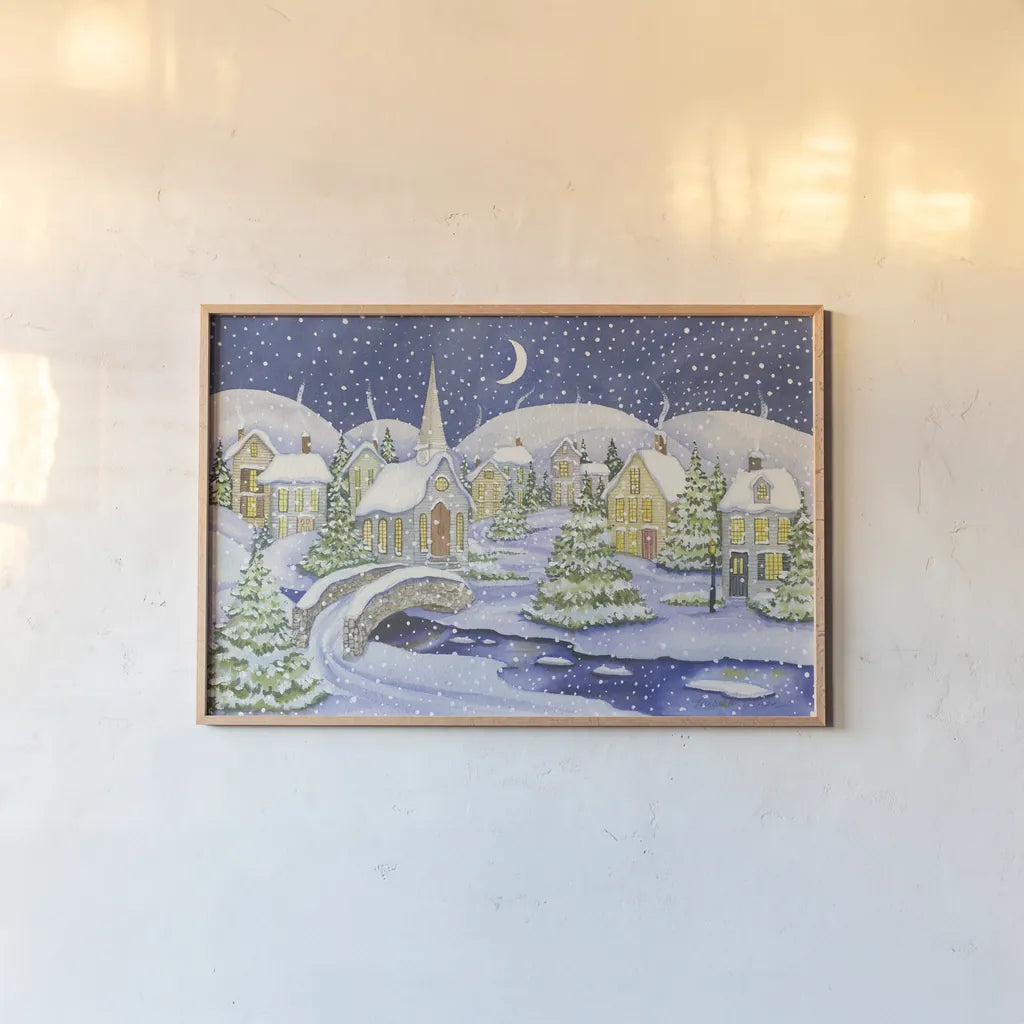 All is Calm All is Bright by Kathleen Parr McKenna. shown as a paper print in a natural frame. Available as a archival giclee rolled canvas, fine art paper, or poster print. SKU 70569i.