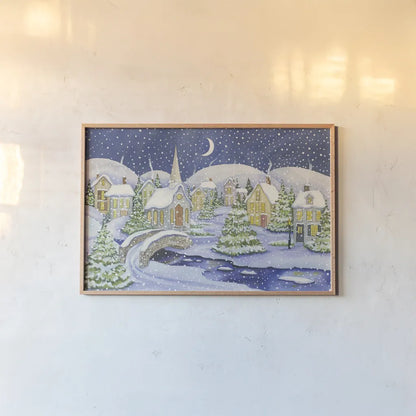 All is Calm All is Bright by Kathleen Parr McKenna. shown as a paper print in a natural frame. Available as a archival giclee rolled canvas, fine art paper, or poster print. SKU 70569i.