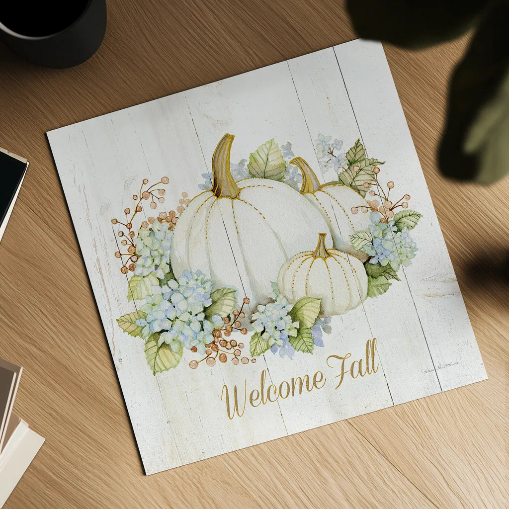 Autumn Elegance I Gold Welcome Fall by Kathleen Parr McKenna. Shown as a detailed flat fine art print, highlighting archival giclee quality. Available as an archival giclee rolled canvas, fine art paper, or poster print. SKU 29216a.