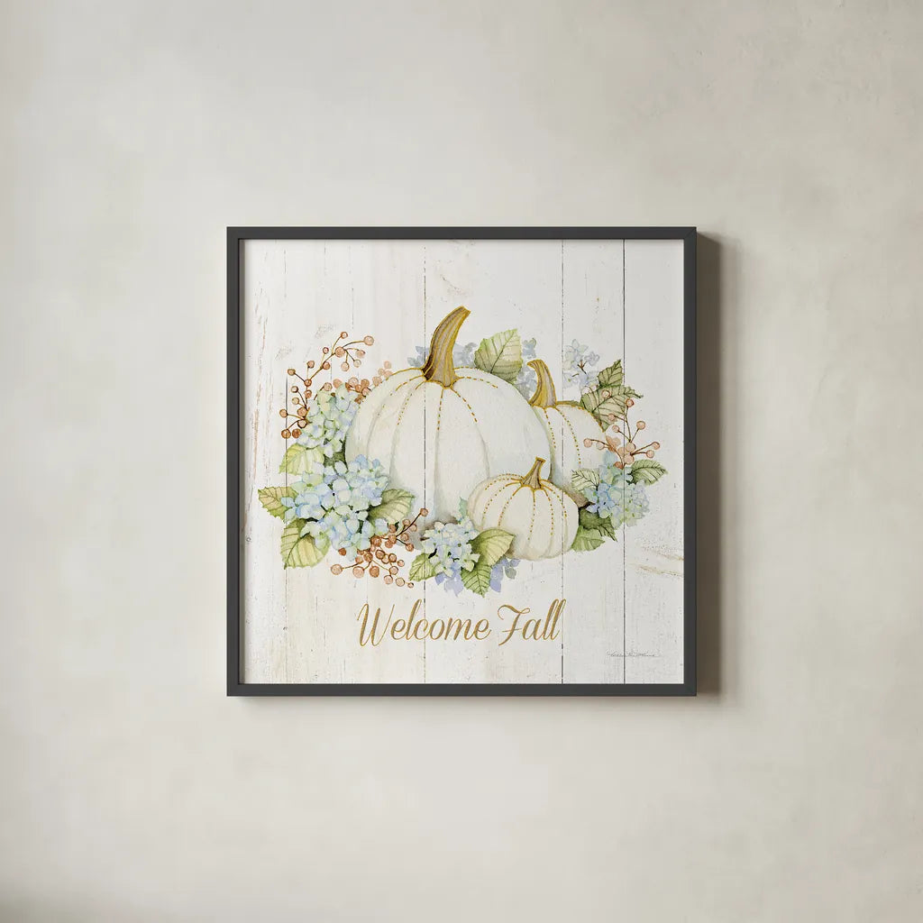 Autumn Elegance I Gold Welcome Fall by Kathleen Parr McKenna. Shown in a sleek black glass frame for a contemporary gallery look. Available as an archival giclee rolled canvas, fine art paper, or poster print. SKU 29216a.