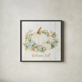 Autumn Elegance I Gold Welcome Fall by Kathleen Parr McKenna. Shown in a sleek black glass frame for a contemporary gallery look. Available as an archival giclee rolled canvas, fine art paper, or poster print. SKU 29216a.