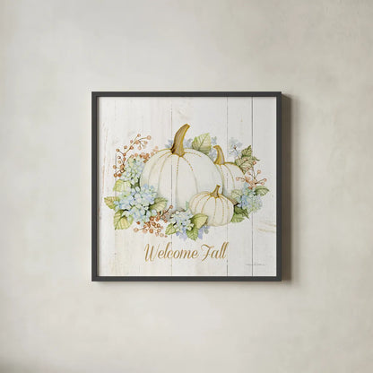 Autumn Elegance I Gold Welcome Fall by Kathleen Parr McKenna. Shown in a sleek black glass frame for a contemporary gallery look. Available as an archival giclee rolled canvas, fine art paper, or poster print. SKU 29216a.