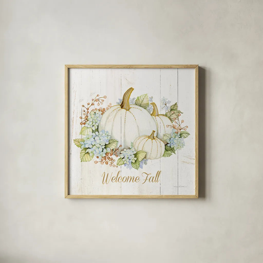 Autumn Elegance I Gold Welcome Fall by Kathleen Parr McKenna. Shown in a natural wood glass frame for a timeless modern aesthetic. Available as an archival giclee rolled canvas, fine art paper, or poster print. SKU 29216a.
