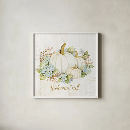 Autumn Elegance I Gold Welcome Fall by Kathleen Parr McKenna. Shown in a crisp white glass frame for a clean and minimalist style. Available as an archival giclee rolled canvas, fine art paper, or poster print. SKU 29216a.
