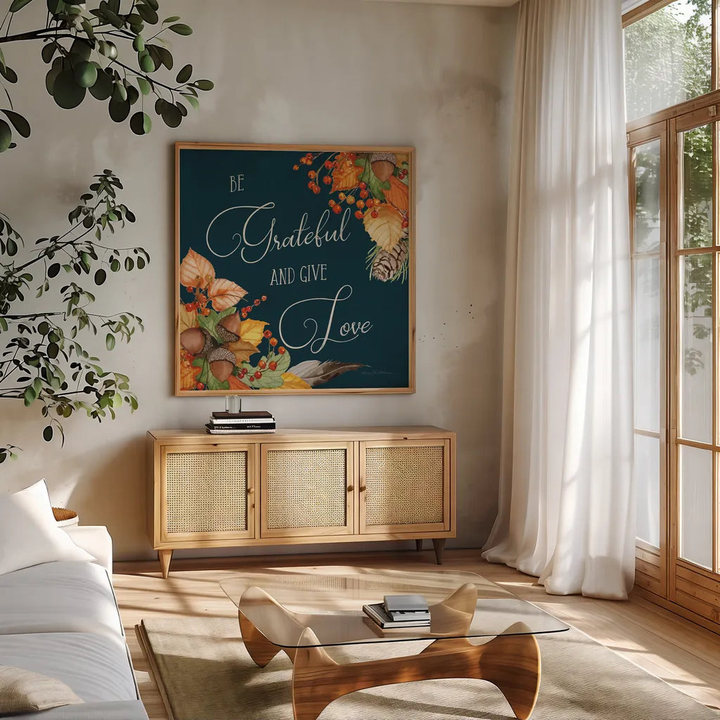 Autumn Splendor VI by Kathleen Parr McKenna. Shown in a natural wood frame in a cozy modern living room. Available as an archival giclee rolled canvas, fine art paper, or poster print. SKU 39589a.