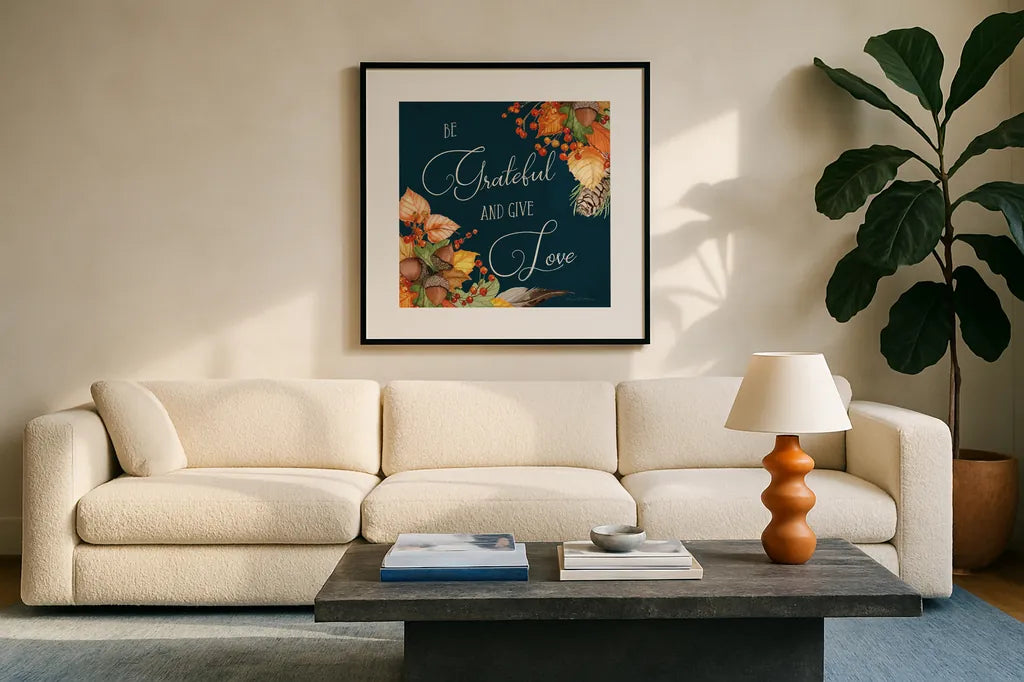 Autumn Splendor VI by Kathleen Parr McKenna. Displayed in a glass frame with matte in a clean modern living room. Available as an archival giclee rolled canvas, fine art paper, or poster print. SKU 39589a.