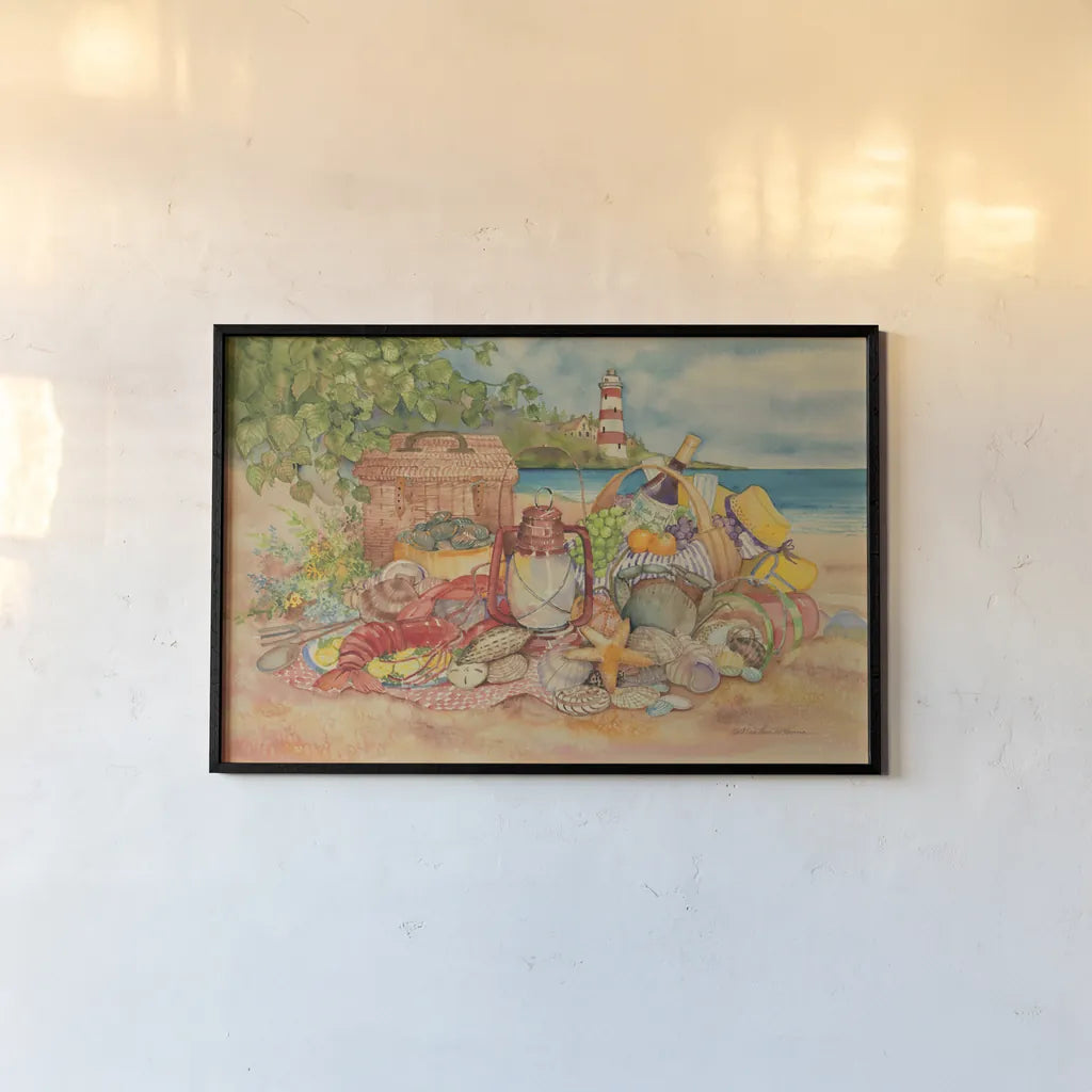 Bayside Picnic by Kathleen Parr McKenna. shown as a paper print in a black flame. Available as a archival giclee rolled canvas, fine art paper, or poster print. SKU 47968i.