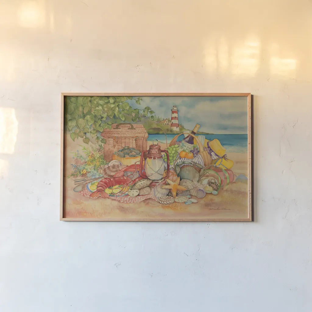 Bayside Picnic by Kathleen Parr McKenna. shown as a paper print in a natural frame. Available as a archival giclee rolled canvas, fine art paper, or poster print. SKU 47968i.