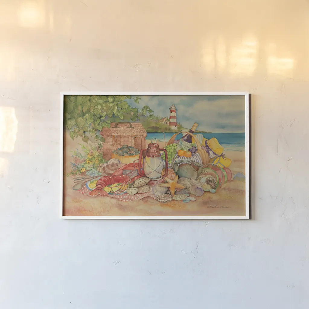 Bayside Picnic by Kathleen Parr McKenna. shown as a paper print in a white frame. Available as a archival giclee rolled canvas, fine art paper, or poster print. SKU 47968i.