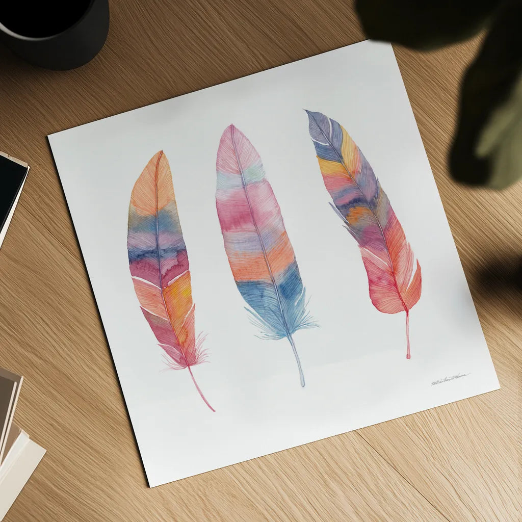 Boho Feathers I by Kathleen Parr McKenna. Shown as a detailed flat fine art print, highlighting archival giclee quality. Available as an archival giclee rolled canvas, fine art paper, or poster print. SKU 66040a.