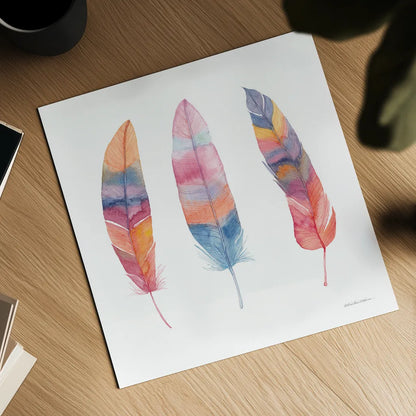 Boho Feathers I by Kathleen Parr McKenna. Shown as a detailed flat fine art print, highlighting archival giclee quality. Available as an archival giclee rolled canvas, fine art paper, or poster print. SKU 66040a.