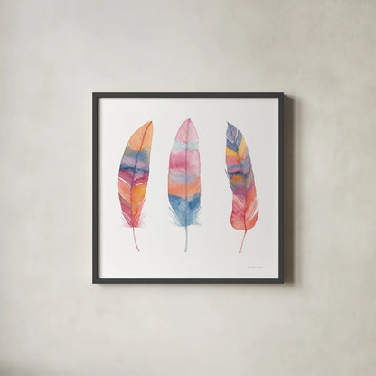 Boho Feathers I by Kathleen Parr McKenna. Shown in a sleek black glass frame for a contemporary gallery look. Available as an archival giclee rolled canvas, fine art paper, or poster print. SKU 66040a.
