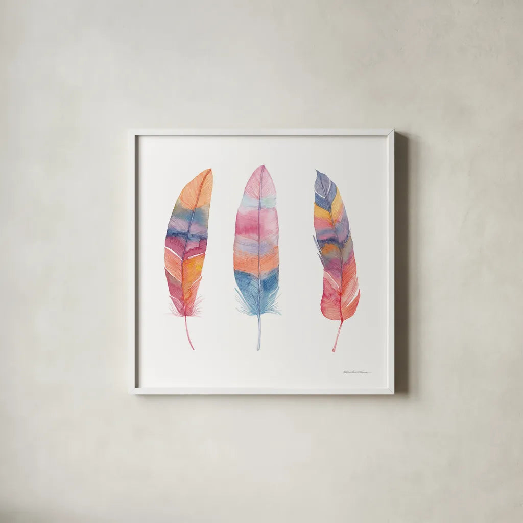 Boho Feathers I by Kathleen Parr McKenna. Shown in a crisp white glass frame for a clean and minimalist style. Available as an archival giclee rolled canvas, fine art paper, or poster print. SKU 66040a.