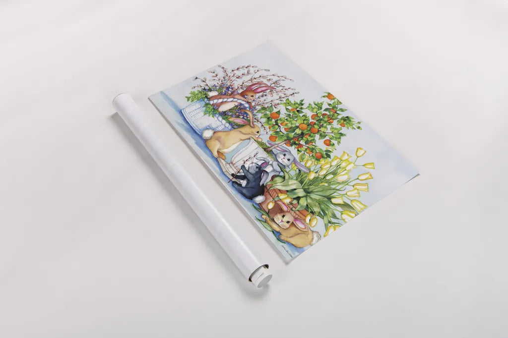 Bunnies by Kathleen Parr McKenna. shown as a rolled paper print. Available as archival giclee rolled canvas, fine art paper, or poster print. SKU 41207i.