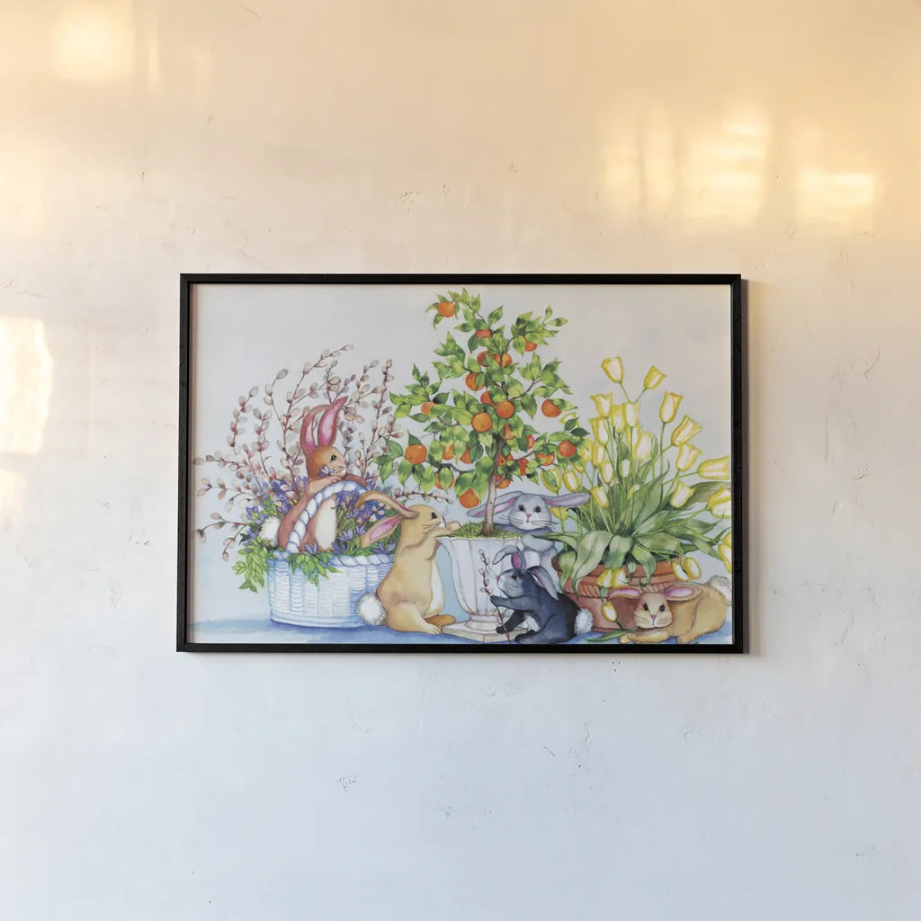 Bunnies by Kathleen Parr McKenna. shown as a paper print in a black flame. Available as a archival giclee rolled canvas, fine art paper, or poster print. SKU 41207i.