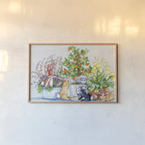 Bunnies by Kathleen Parr McKenna. shown as a paper print in a natural frame. Available as a archival giclee rolled canvas, fine art paper, or poster print. SKU 41207i.