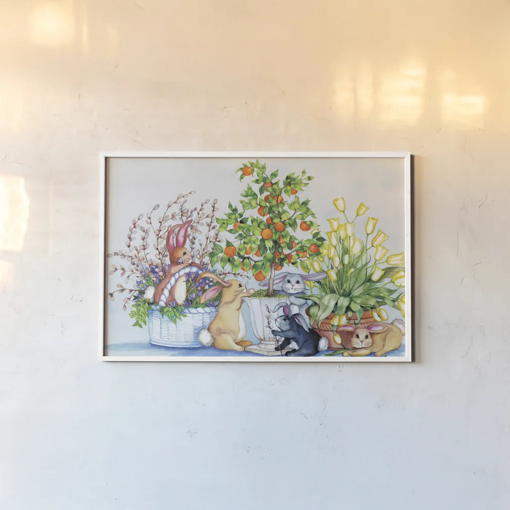 Bunnies by Kathleen Parr McKenna. shown as a paper print in a white frame. Available as a archival giclee rolled canvas, fine art paper, or poster print. SKU 41207i.
